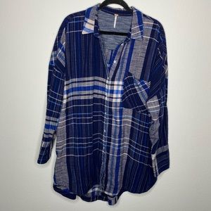 Free People Blue Thick Flannel Plaid Button Down Shacket Shirt Jacket Top Long
